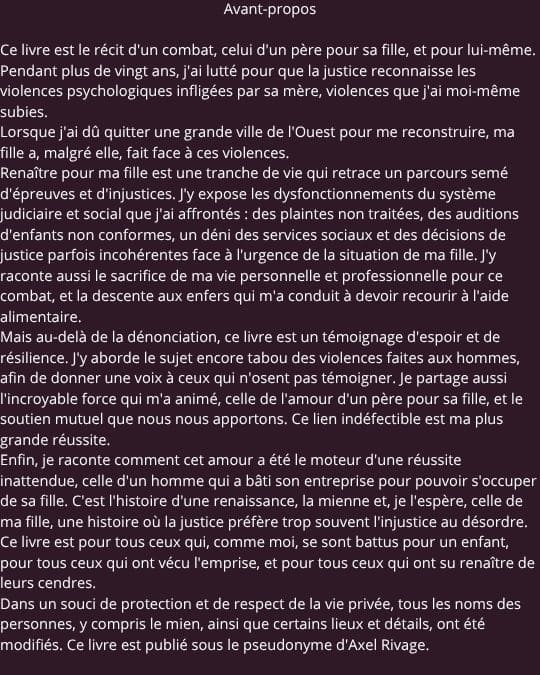 Accueil avant propos livre axel rivage renaitre pour ma fille