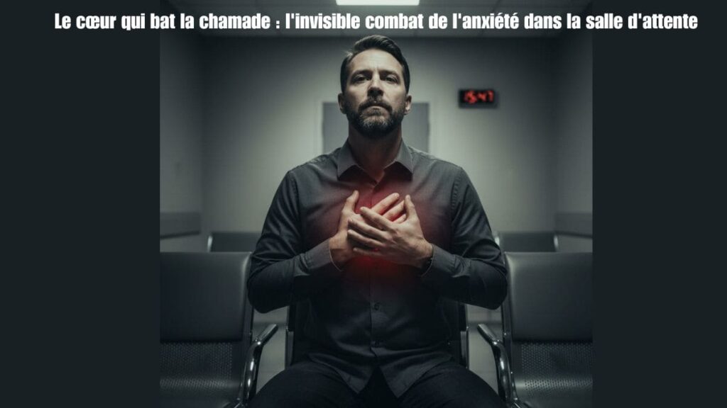 Le Corps Trahit : Quand 45 Minutes d'Attente Deviennent une Crise de Survie Silencieuse homme assis tendu, les mains sur la poitrine, lumière rouge symbolisant l'anxiété et le stress dans une salle d'attente.