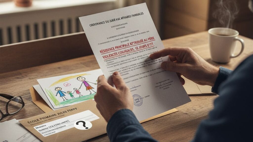 📝 Père et Parent Résidentiel Principal : L'invisibilité d'une réalité judiciaire Homme, père, tenant un jugement de JAF "Résidence Principale Attribuée au Père" et une enveloppe d'école "Mme X", symbolisant les difficultés administratives et les préjugés vécus par les pères avec la résidence principale.