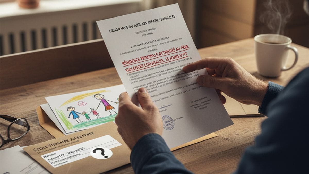 Homme, père, tenant un jugement de JAF "Résidence Principale Attribuée au Père" et une enveloppe d'école "Mme X", symbolisant les difficultés administratives et les préjugés vécus par les pères avec la résidence principale.