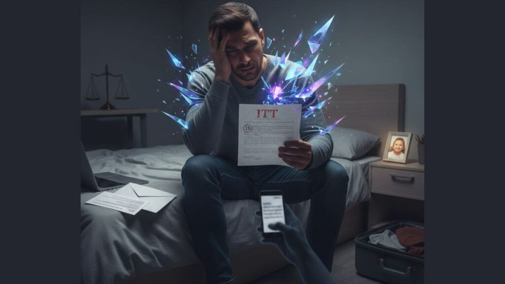 Un homme épuisé tenant un certificat d'ITT symbolisant l'impact de l'emprise psychologique