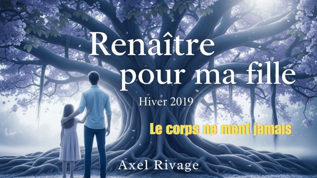 ouverture du livre Renaître pour ma fille d'Axel Rivage avec un filtre hivernal bleu illustrant le chapitre 11 sur le conflit de garde et l'angoisse de l'enfant.