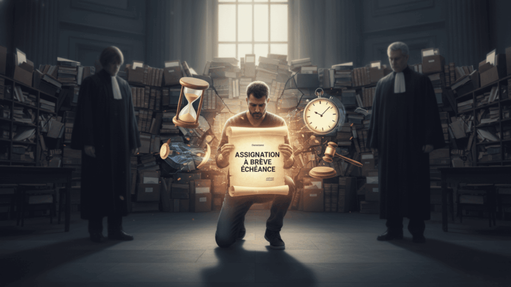 Illustration symbolisant l'urgence judiciaire avec un marteau de juge, un dossier juridique et une horloge, représentant l'assignation à brève échéance au JAF.