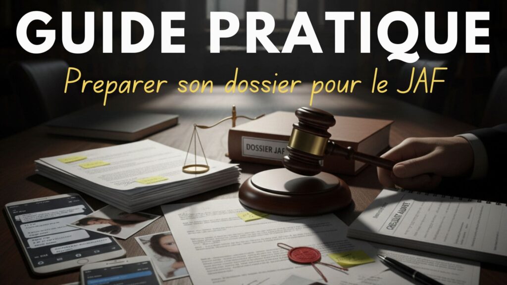 Guide pratique : Comment préparer son dossier pour le Juge aux Affaires Familiales (JAF) Guide pratique pour préparer son dossier JAF : marteau de justice, documents juridiques et preuves de détresse de l'enfant pour l'audience