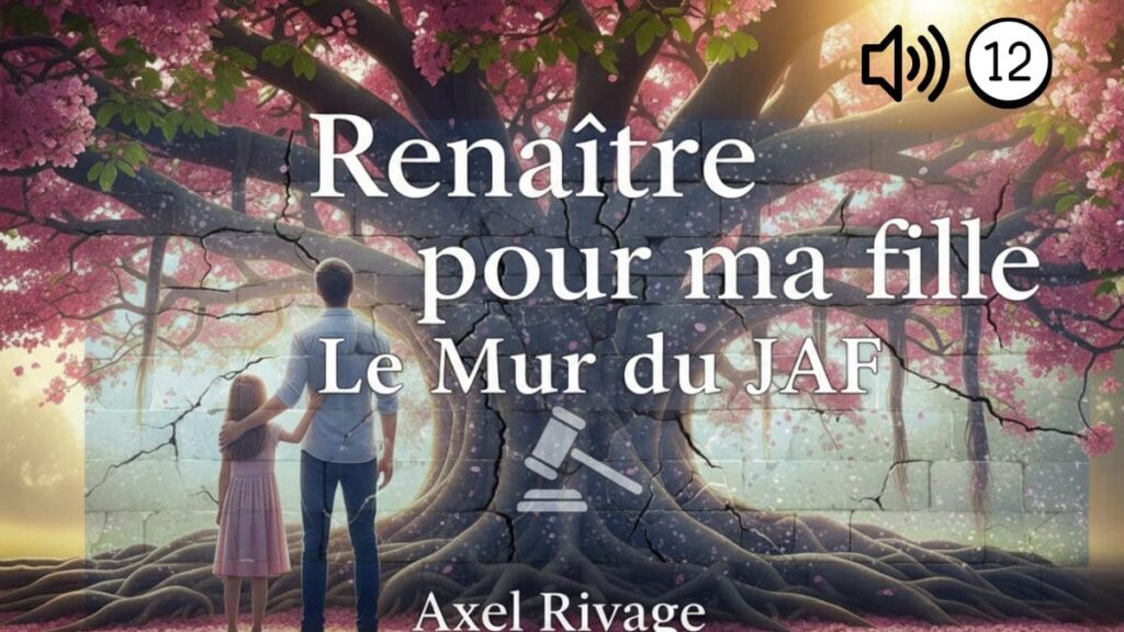 Couverture du chapitre 12 du livre Renaître pour ma fille montrant un homme et une petite fille devant un arbre de vie, avec le titre Le Mur du JAF et un marteau de justice