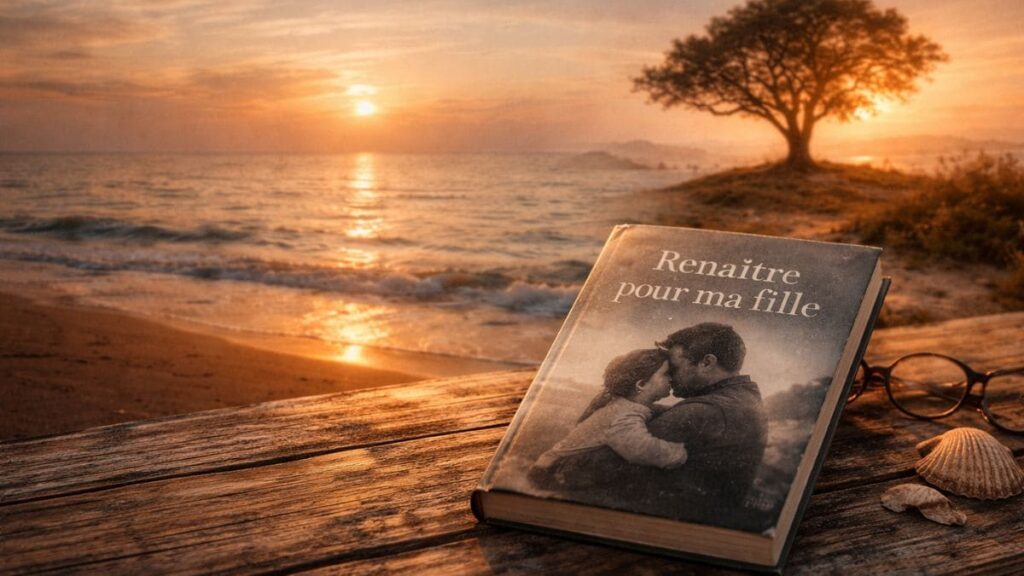 Livre Renaître pour ma fille posé face à une mer calme au coucher de soleil, symbole de résilience et de reconstruction après la tempête