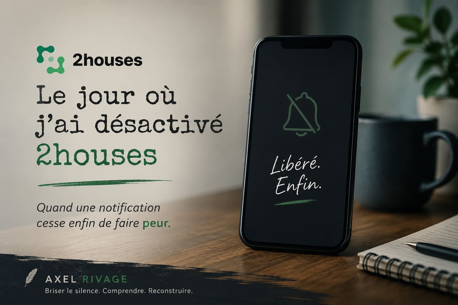 Illustration représentant un smartphone et le logo 2houses, symbolisant le soulagement ressenti après la désactivation d'une application parentale utilisée durant une séparation conflictuelle.
