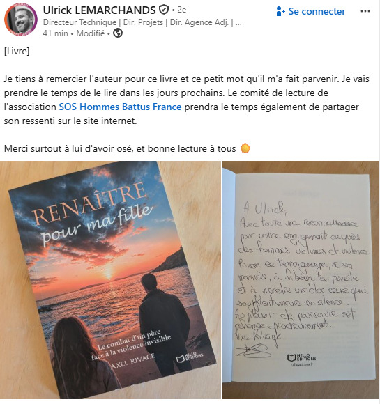 Publication d’Ulrick Lemarchands de SOS Hommes Battus France présentant le livre Renaître pour ma fille d’Axel Rivage