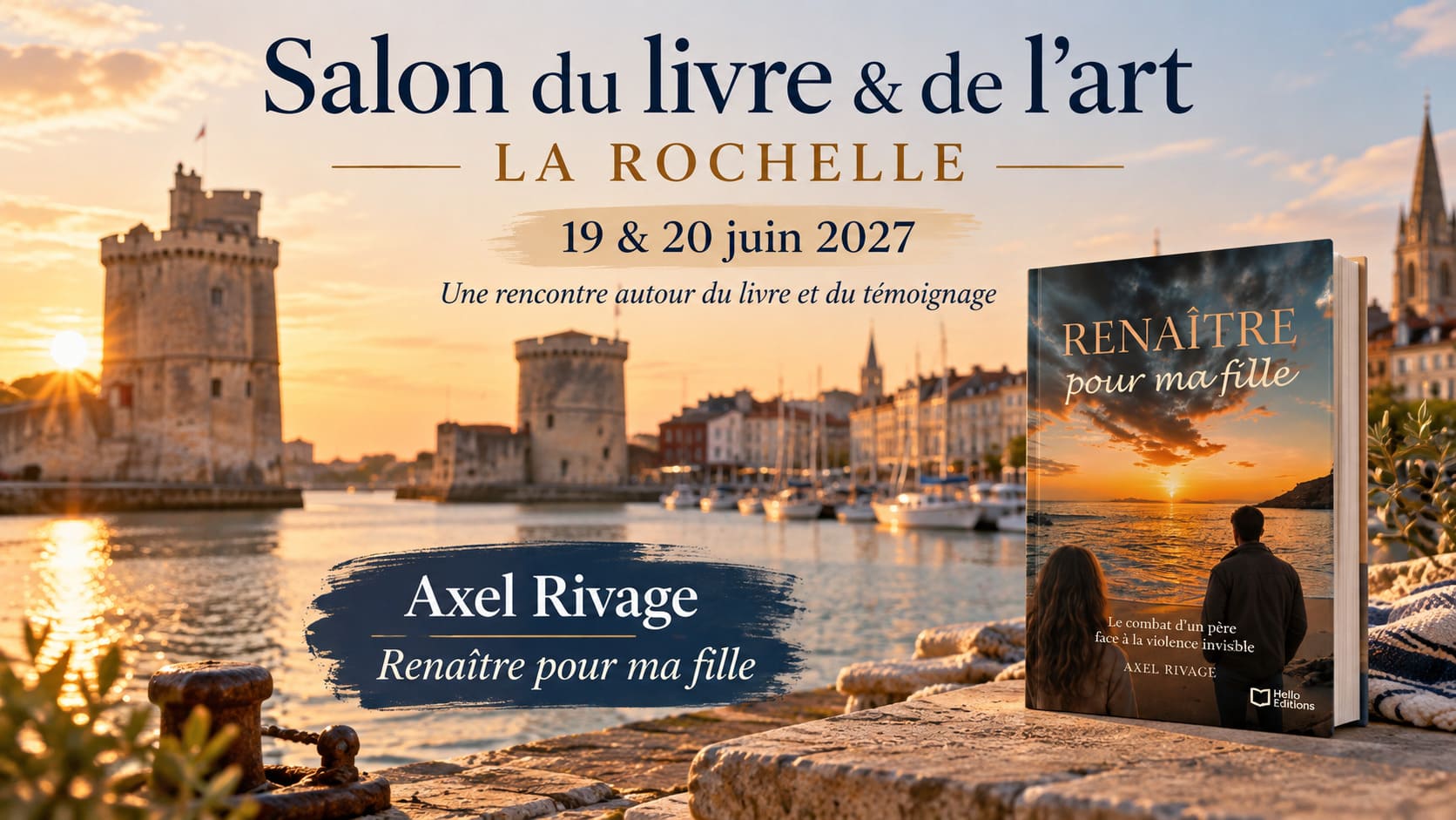 Affiche annonçant la participation d’Axel Rivage au Salon du livre & de l’art de La Rochelle les 19 et 20 juin 2027, avec le port de La Rochelle en arrière-plan et la couverture du livre Renaître pour ma fille.